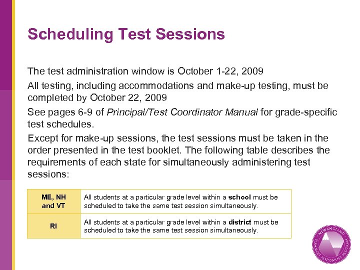 Scheduling Test Sessions The test administration window is October 1 -22, 2009 All testing,