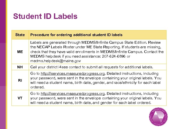 Student ID Labels State Procedure for ordering additional student ID labels ME Labels are