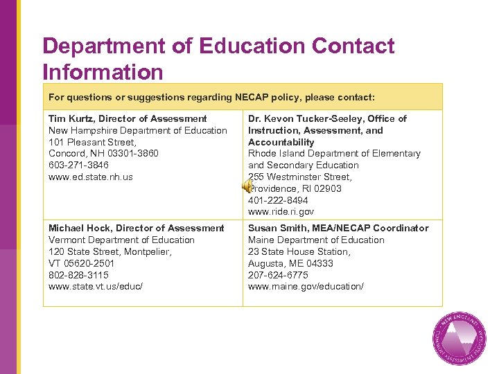 Department of Education Contact Information For questions or suggestions regarding NECAP policy, please contact: