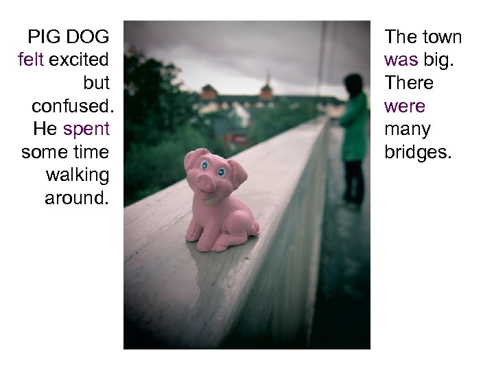 PIG DOG felt excited but confused. He spent some time walking around. The town