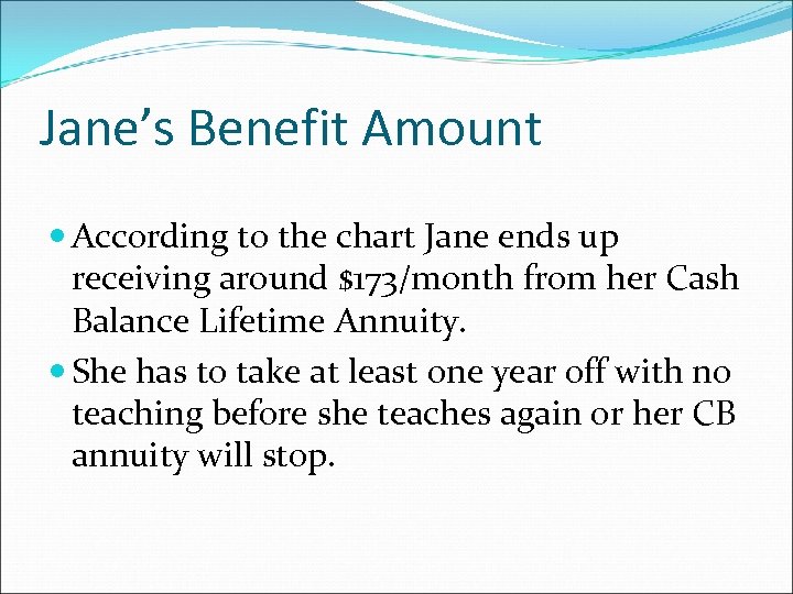 Jane’s Benefit Amount According to the chart Jane ends up receiving around $173/month from