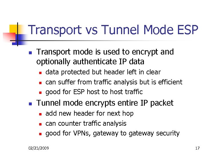 Transport vs Tunnel Mode ESP n Transport mode is used to encrypt and optionally