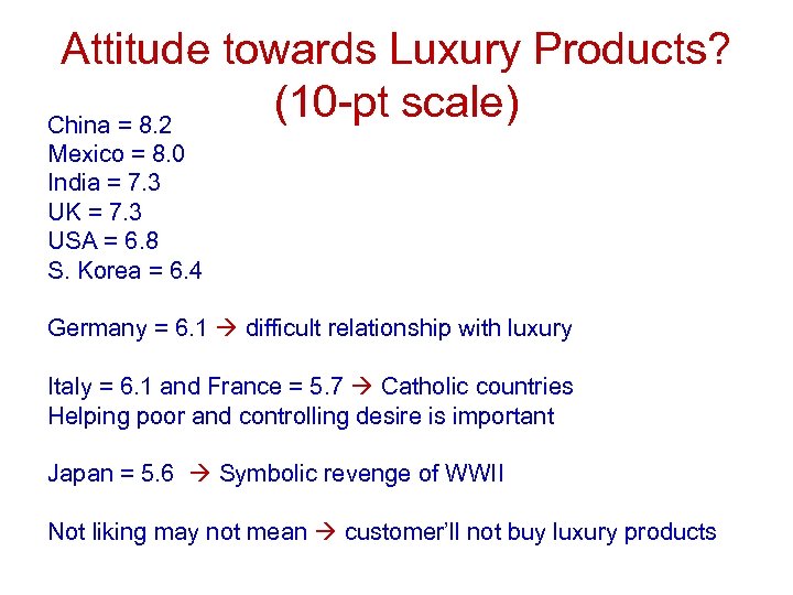 Attitude towards Luxury Products? (10 -pt scale) China = 8. 2 Mexico = 8.