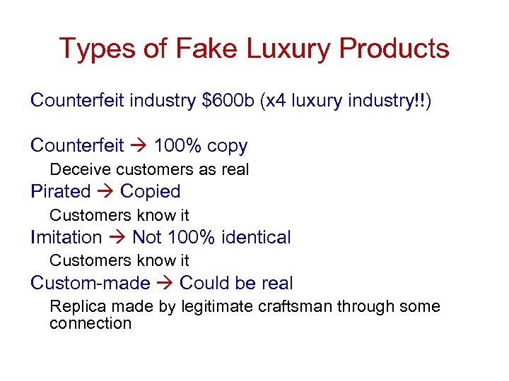 Types of Fake Luxury Products Counterfeit industry $600 b (x 4 luxury industry!!) Counterfeit