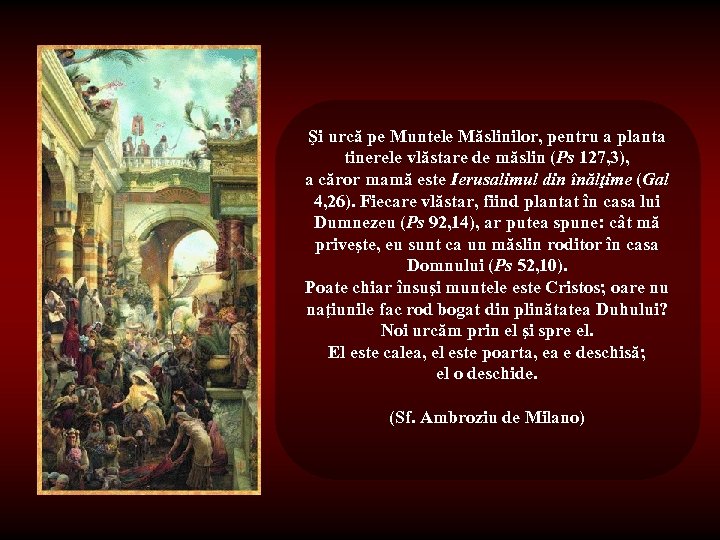 Şi urcă pe Muntele Măslinilor, pentru a planta tinerele vlăstare de măslin (Ps 127,