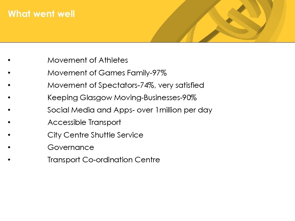 What went well • Movement of Athletes • Movement of Games Family-97% • Movement