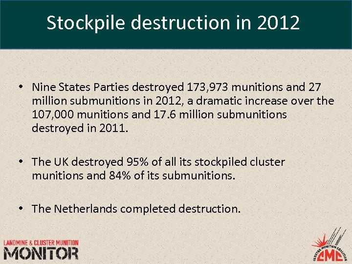 Stockpile destruction in 2012 • Nine States Parties destroyed 173, 973 munitions and 27
