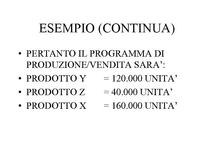 ESEMPIO (CONTINUA) • PERTANTO IL PROGRAMMA DI PRODUZIONE/VENDITA SARA’: • PRODOTTO Y = 120.