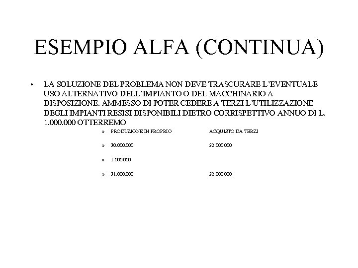ESEMPIO ALFA (CONTINUA) • LA SOLUZIONE DEL PROBLEMA NON DEVE TRASCURARE L’EVENTUALE USO ALTERNATIVO
