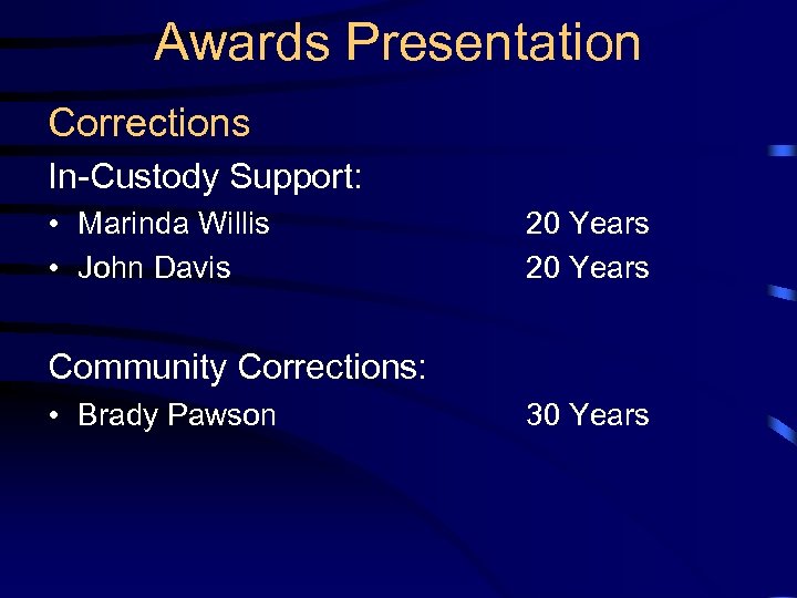 Awards Presentation Corrections In-Custody Support: • Marinda Willis • John Davis 20 Years Community