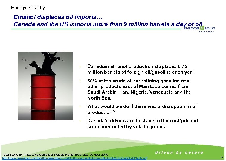 Energy Security Ethanol displaces oil imports… Canada and the US imports more than 9