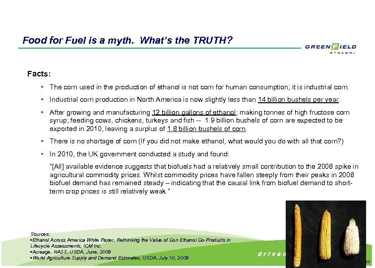 Food for Fuel is a myth. What’s the TRUTH? Facts: • The corn used