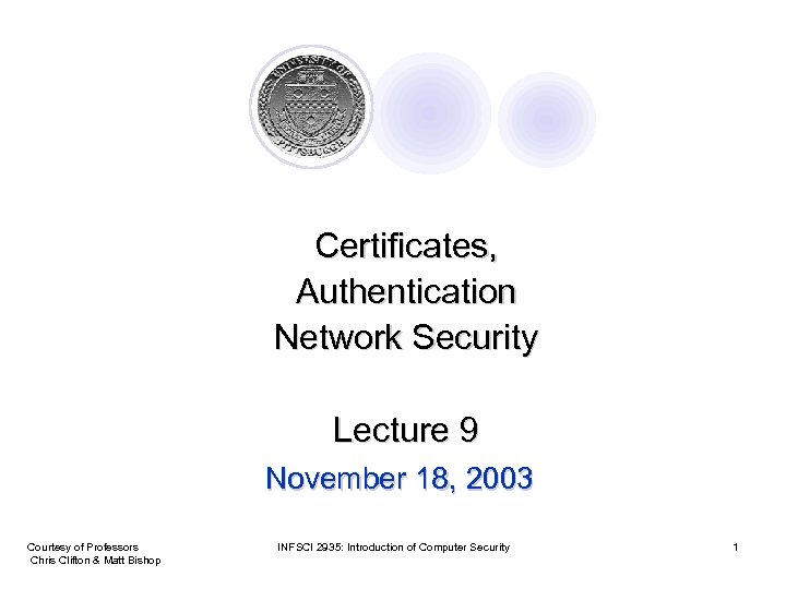 Certificates, Authentication Network Security Lecture 9 November 18, 2003 Courtesy of Professors Chris Clifton