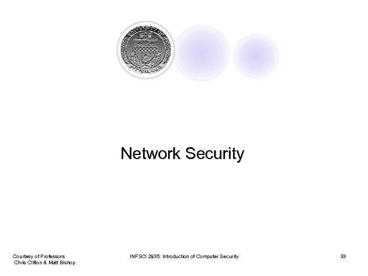 Network Security Courtesy of Professors Chris Clifton & Matt Bishop INFSCI 2935: Introduction of