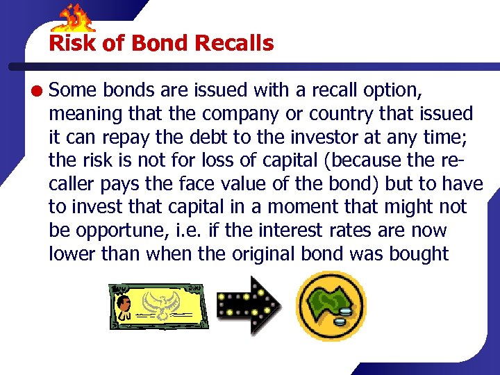 Risk of Bond Recalls Some bonds are issued with a recall option, meaning that