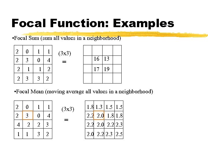 Focal Function: Examples • Focal Sum (sum all values in a neighborhood) 2 2