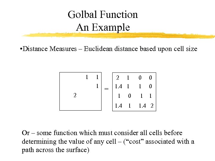 Golbal Function An Example • Distance Measures – Euclidean distance based upon cell size