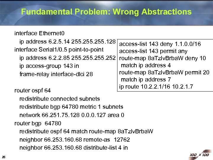 Fundamental Problem: Wrong Abstractions interface Ethernet 0 ip address 6. 2. 5. 14 255.