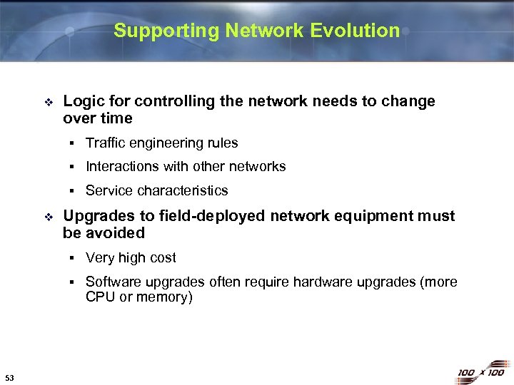 Supporting Network Evolution v Logic for controlling the network needs to change over time