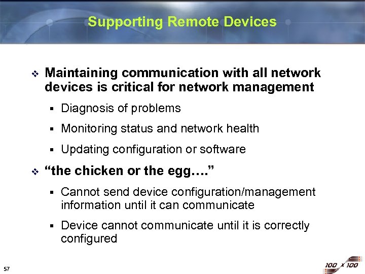 Supporting Remote Devices v Maintaining communication with all network devices is critical for network