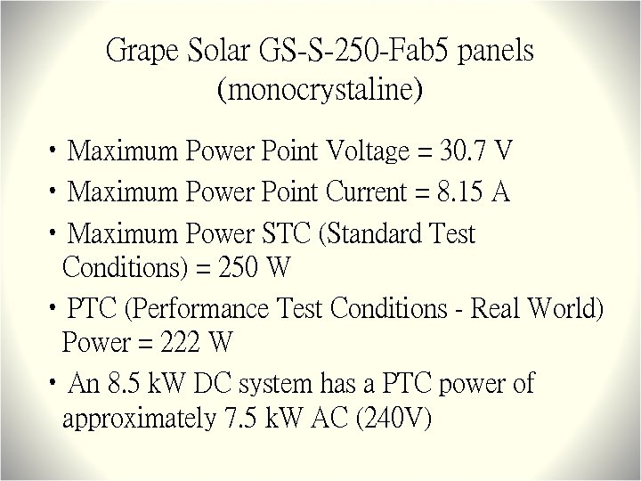 Grape Solar GS-S-250 -Fab 5 panels (monocrystaline) • Maximum Power Point Voltage = 30.
