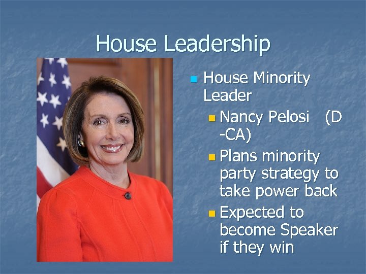 House Leadership n House Minority Leader n Nancy Pelosi (D -CA) n Plans minority