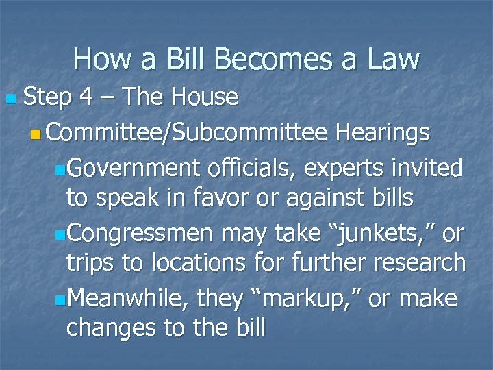 How a Bill Becomes a Law n Step 4 – The House n Committee/Subcommittee