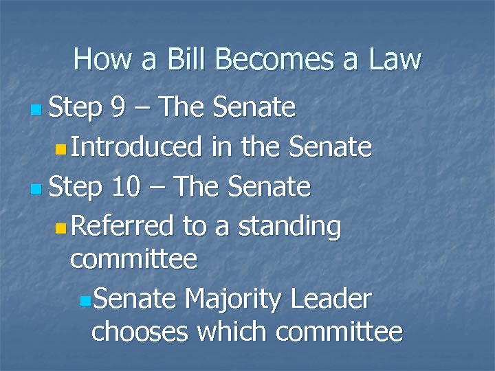 How a Bill Becomes a Law n Step 9 – The Senate n Introduced