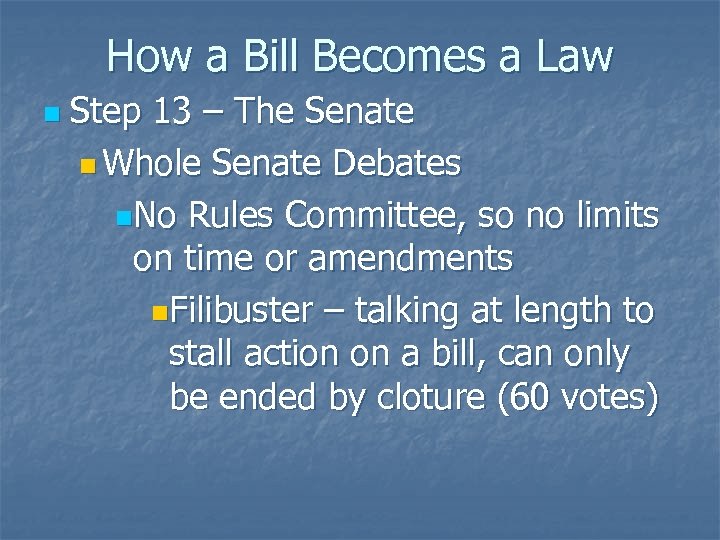 How a Bill Becomes a Law n Step 13 – The Senate n Whole