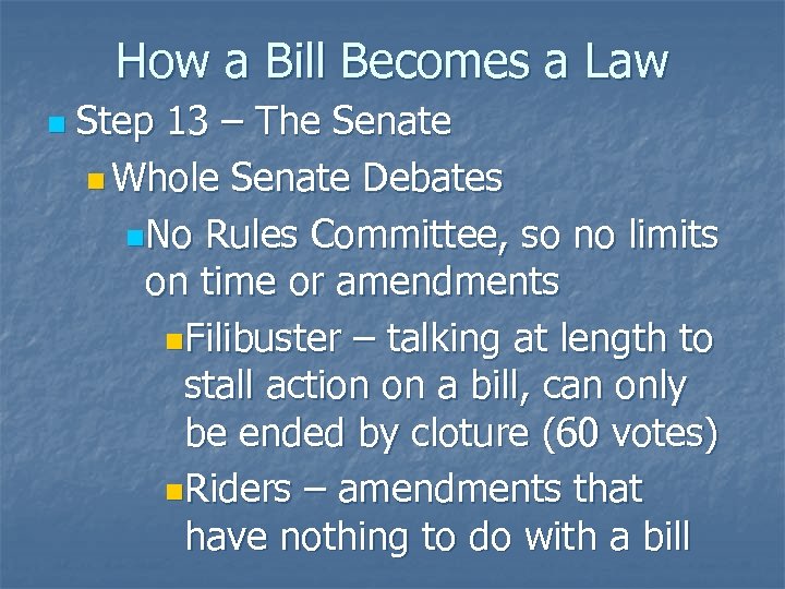 How a Bill Becomes a Law n Step 13 – The Senate n Whole