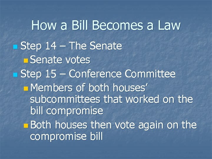 How a Bill Becomes a Law Step 14 – The Senate n Senate votes