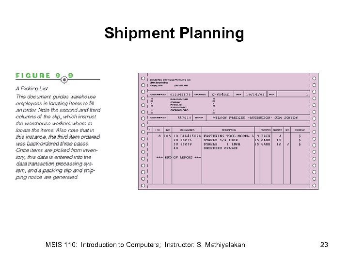 Shipment Planning MSIS 110: Introduction to Computers; Instructor: S. Mathiyalakan 23 