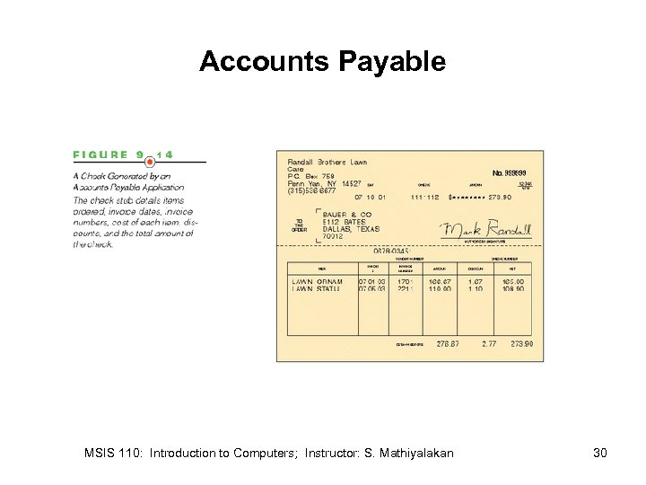 Accounts Payable MSIS 110: Introduction to Computers; Instructor: S. Mathiyalakan 30 