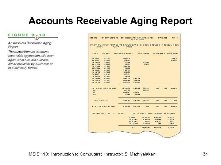 Accounts Receivable Aging Report MSIS 110: Introduction to Computers; Instructor: S. Mathiyalakan 34 