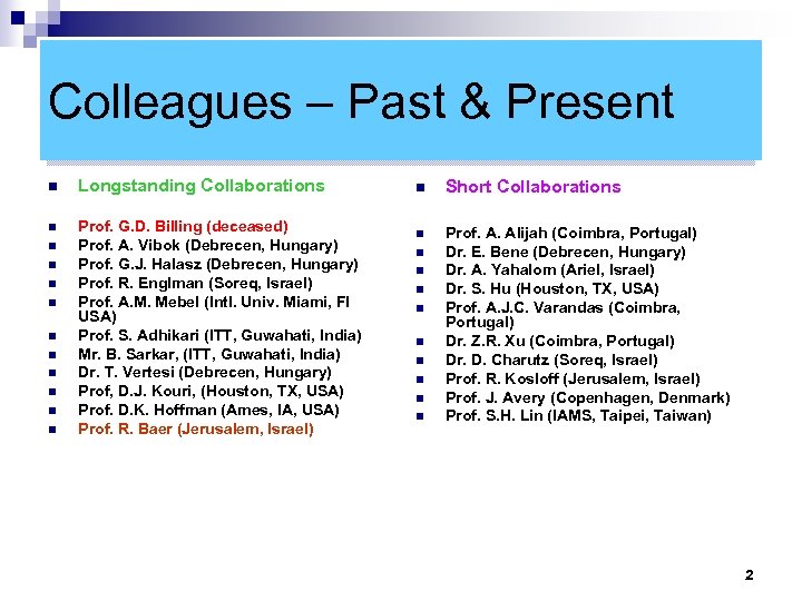 Colleagues – Past & Present n Longstanding Collaborations n Prof. G. D. Billing (deceased)