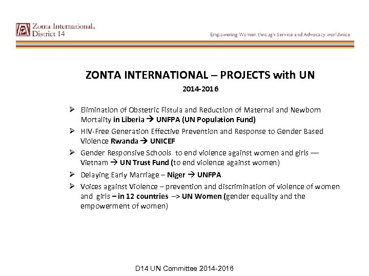 ZONTA INTERNATIONAL – PROJECTS with UN 2014 -2016 Ø Elimination of Obstetric Fistula and