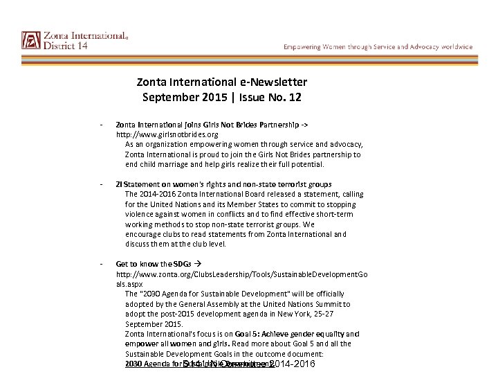 Zonta International e-Newsletter September 2015 | Issue No. 12 - - Zonta International joins
