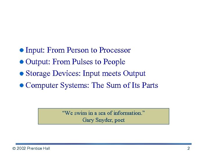 Chapter Outline Input: From Person to Processor Output: From Pulses to People Storage Devices: