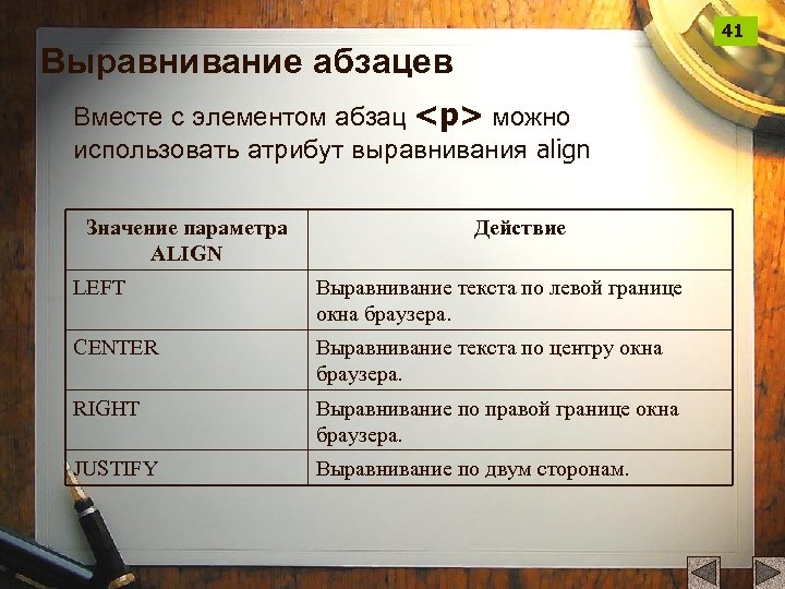 41 Выравнивание абзацев Вместе с элементом абзац <p> можно использовать атрибут выравнивания align Значение