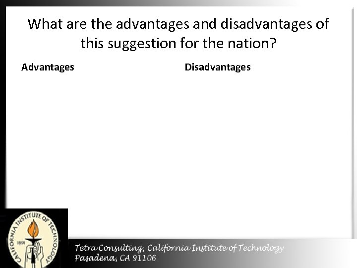 What are the advantages and disadvantages of this suggestion for the nation? Advantages Disadvantages