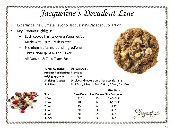 Jacqueline’s Decadent Line • • Experience the ultimate flavor of Jacqueline’s Decadent Collection. Key