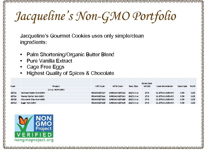 Jacqueline’s Non-GMO Portfolio Jacqueline’s Gourmet Cookies uses only simple/clean ingredients: • • Code 38733