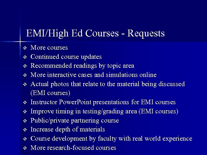 EMI/High Ed Courses - Requests v v v More courses Continued course updates Recommended