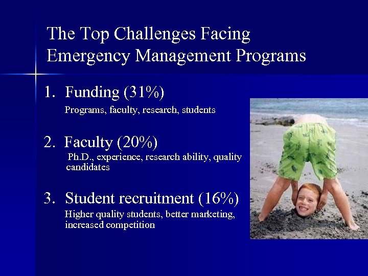 The Top Challenges Facing Emergency Management Programs 1. Funding (31%) Programs, faculty, research, students