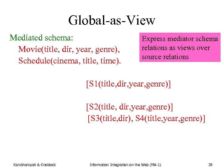 Global-as-View Mediated schema: Express mediator schema relations as views over Movie(title, dir, year, genre),