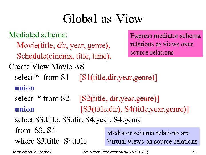 Global-as-View Mediated schema: Express mediator schema relations as views over Movie(title, dir, year, genre),