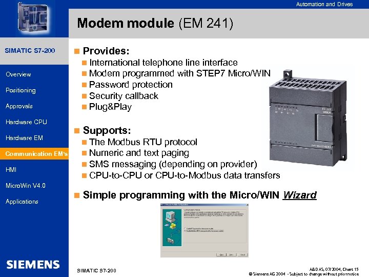 for internal use only Automation and Drives Modem module (EM 241) SIMATIC HMI SIMATIC