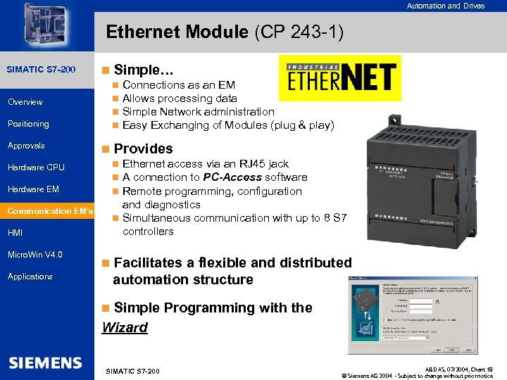 for internal use only Automation and Drives Ethernet Module (CP 243 -1) SIMATIC HMI