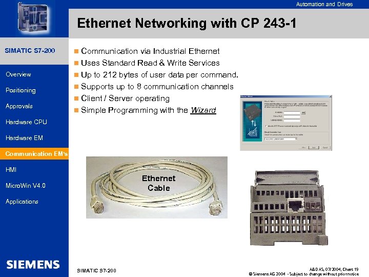 for internal use only Automation and Drives Ethernet Networking with CP 243 -1 SIMATIC