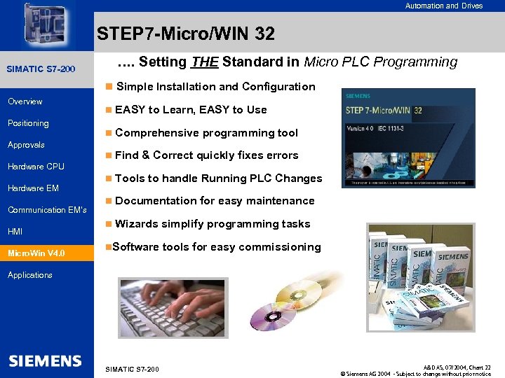 for internal use only Automation and Drives STEP 7 -Micro/WIN 32 SIMATIC HMI SIMATIC